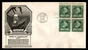 MayfairStamps US FDC 1940 Maine Unsealed Block Henry W Longfellow Poet Anderson - Picture 1 of 2