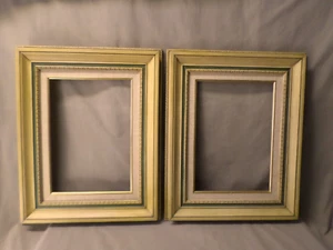3843J Vintage Paar 10x14 Rahmen 60er Jahre BLONDES HOLZ mit Avocado grünem Rand & Sackleinen - Bild 1 von 9
