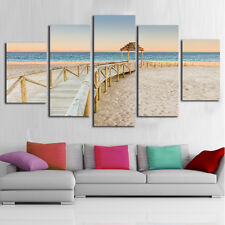 Wooden Bridge Sandy Beach Shore 5 Piece Canvas Print Wall Art