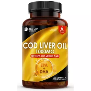 Cod Liver Oil Capsules 1000mg - 180 High Strength Softgels with Omega 3, EPA DHA - Picture 1 of 6