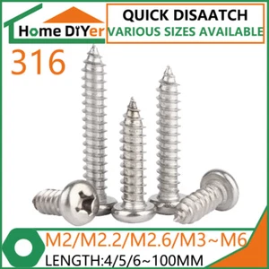 Self Tapping Screws 316 Stainless Steel Tappers Round Head Phillips Screws M2~M6 - Picture 1 of 8
