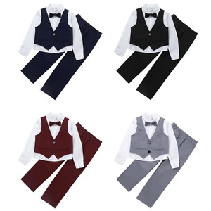4Pcs Kids Boys Party Suits Long Sleeve Shirt Single-Breasted Vest Pants Tie Set - Picture 1 of 46
