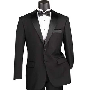 VINCI Men's Black Classic-Fit Tuxedo Suit w/ Sateen Lapel & Trim - NEW - Picture 1 of 4