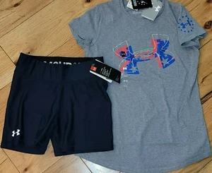 Under Armour stars logo top & navy blue bike shorts NWT girls' L YLG large - Picture 1 of 2