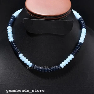 925 Sterling Silver Blue Sapphire+Aquamarine Quartz 8MM Jewelery Necklace 18" - Picture 1 of 8