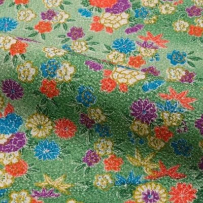 Yuzen Gold Chirimen 和服面料 19.7x27.6 英寸绿色带金色花卉日本 — 第 1/4 张图片