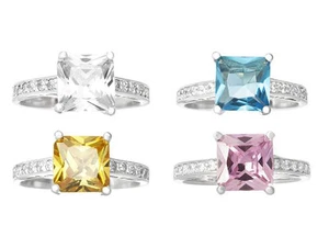 Sterling Silver 2 Carat Princess Cut Solitaire CZ Ring Clear Aqua Pink Citrine - Picture 1 of 8