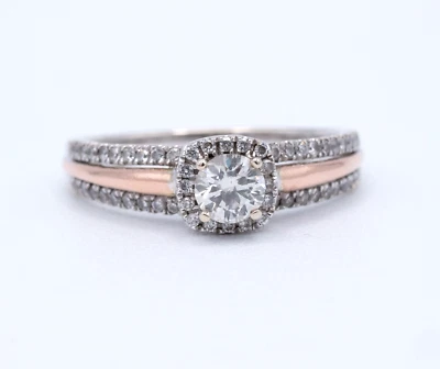 14KT 2-Tone White & Rose Gold Round Natural Diamond Halo Engagement Ring Size 7 - Image 1 of 4