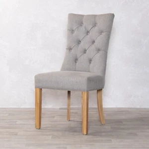 DINING CHAIR STONE GREY FRENCH INSPIRED UPHOLSTERED BUTTON BACK SIDE CHAIR - Picture 1 of 12