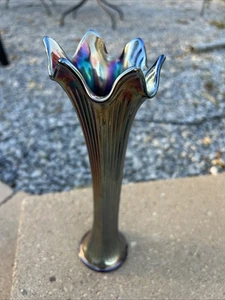 Vintage 10,5" Fenton irisierende gerippte Kobalt Karneval Glas geschwungene Vase LESEN - Bild 1 von 12