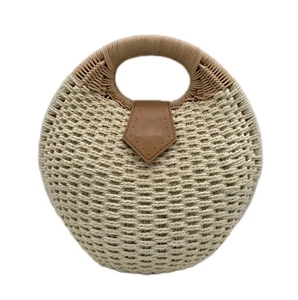 Woven Wicker Cream Colored Top Handle Handbag Round Clam Shell Shape - Picture 1 of 8
