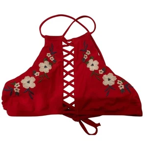 Hollister Strappy Racer Back High-Neck Crop Tank Bikini Top Floral Red XS - EUC - Picture 1 of 6