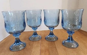 VTG Anchor Hocking Savannah Blue Water Goblets Embossed Raised Rose - Set of 4 - Picture 1 of 6