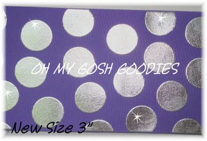 3" PURPLE METALLIC SILVER JUMBO CHEER DOT BLING GROSGRAIN RIBBON 4 HAIRBOW  - Picture 1 of 1
