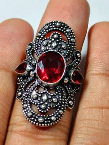 Handmade Antique Oxidized Silver Plated Three-Stone Ring or Red Garnet Gemstone - Picture 1 of 4