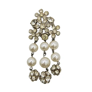 Vintage Art Nouveau Style Brooch Pin Rhinestone Flower Cluster Faux Pearl Dangle - Picture 1 of 20