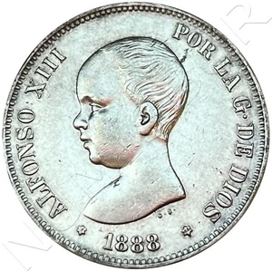 ESPAÑA 5 Pesetas plata 1888 MP.M. *18 *88* ALFONSO XIII excelente estado - Imagen 1 de 5