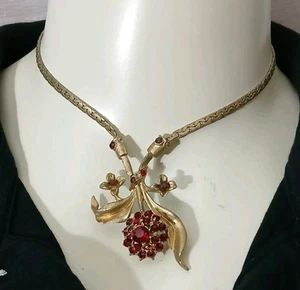 Edwardian Floral Necklace Red Stone Floral Spray  Choker 15" Vintage  - Picture 1 of 18