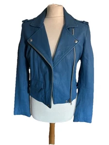 IRO Ladies Blue Lamb Leather Moto Biker Jacket Size 40 - Picture 1 of 12
