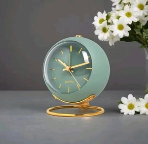 New & Boxed; Nordic Design, Round, Green, Quartz Alarm Clock on Gold Tone Stand. - Picture 1 of 5