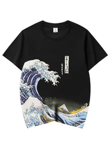 Niepce Men's Creat Waves Graphic Tee Japanese Streetwear Short Sleeves T-Shirt - Picture 1 of 24