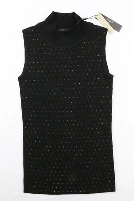 T Tahari Womens Sleeveless Top Mock Neck Black Gold Sequins Ribbed Size S $68 - Image 1 of 4