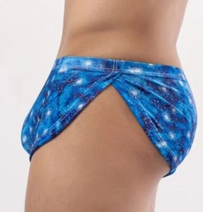 New in Package Men's Sexy Silky Unico Blue Stars Side Split Shorts - Gay - Picture 1 of 12