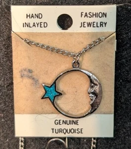 Vintage Nickle Silver Necklace Large Star & Moon Turq. Resin Filled Size 1" - Picture 1 of 1