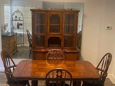 ANTIQUE DINNING TABLE, 2PART CHINA CABINET, 4CHAIRS, AND 2TABLE LEAF ADD-ONS - Image 1 of 4