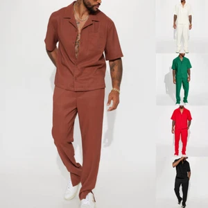 2025 New Casual Suit Men's Set Loose Collar Short Sleeve Tops Pants Sports Sets - Picture 1 of 20