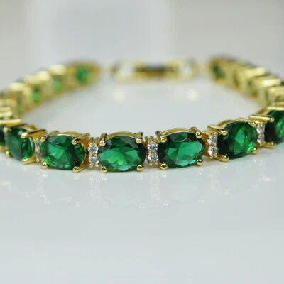Yellow Gold Emerald Green Oval Cut Created Diamond Alternating Bracelet - Image 1 of 4