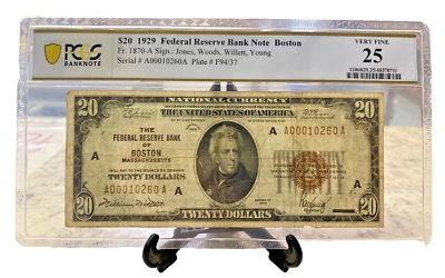1929 $20 FEDERAL RESERVE BANK NOTE BOSTON FR.1870-A PCGS VERY FINE 25 LOW SER. # - Image 1 of 4