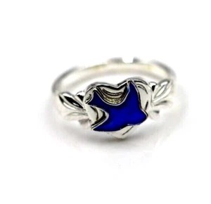 Size J Genuine Sterling Silver 925 Heart Signet Ring with Enamel Blue Bird - Bild 1 von 5