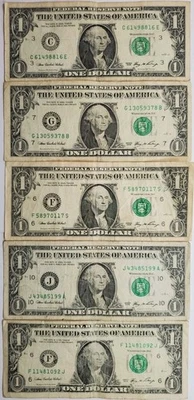Five Vintage Series 2006 $1 One Dollar Bills Fancy Serial Number - Image 1 of 2