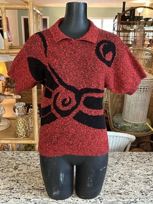 Suéter de punto negro abstracto rojo deportivo Sakura vintage años 90 Petite S M para mujer SS Foto 1 de 4