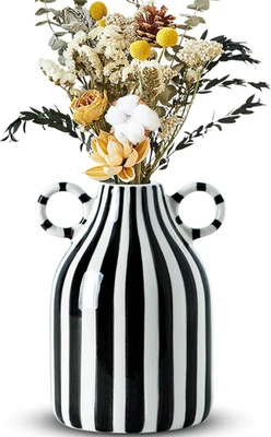 Black and White Ceramic Vase, Mid Century Modern Striped Small Vases for Flower& - Image 1 of 4