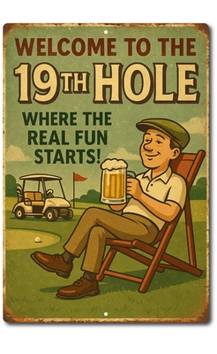 Placa de lata Welcome to the 19th Hole engraçada cerveja golfe bar homem caverna decoração 8x12 - Imagem 1 de 4