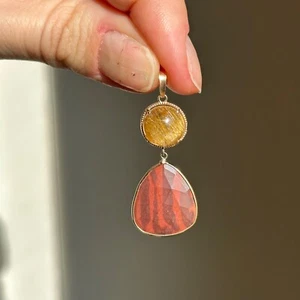 14KT Yellow Gold Cabochon Rutilated Quartz and Jasper Dangle Drop Pendant - Picture 1 of 9
