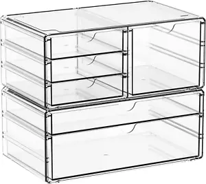 Yieach 2 Pack Acrylic Drawer Organizer With 6 Drawers,Stackable 11.1” Large Clea - Picture 1 of 6