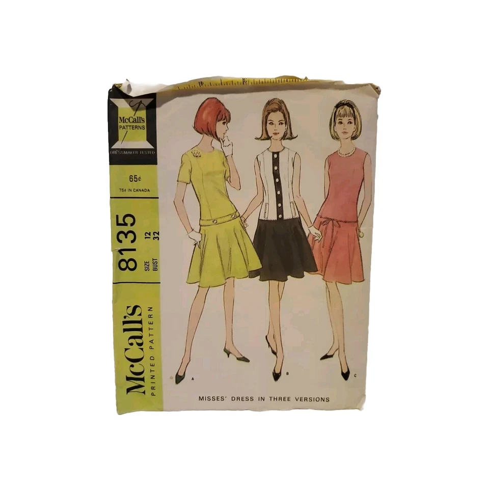 Vintage 1965 McCall's Drop Waist Dress Pattern 2 Sleeves #8135 Sz 12 - Image 1 of 3