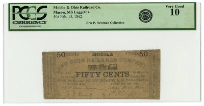 Mobile & Ohio Railroad Company 1862 Macon Mississippi MS 50c obsoleto graduación profesional 10 Foto 1 de 2