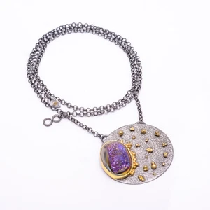 Purple Titanium Agate Drusy Black And Gold Rhodium 925 Silver Necklace 19.99"N43 - Picture 1 of 3