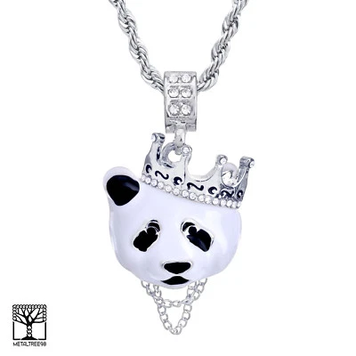 Pingente masculino folheado a prata coroa gelada panda 24" colar de corrente de corda HC 1167 S - Imagem 1 de 3