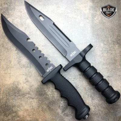 2 PC 12" BLACK TACTICAL SURVIVAL Rambo Hunting FIXED BLADE KNIFE Bowie w/ SHEATH - Image 1 of 4