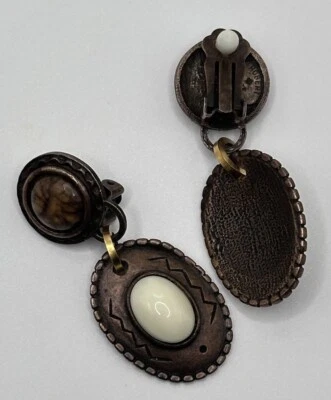 Robert Rose Earrings South Western Copper Ivory White Cabochon Dangle 2” - Image 1 of 3