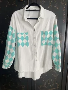 White And Turquoise Check Denim Jacket Top Sz S - Picture 1 of 7