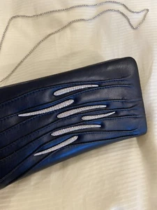 Swarovski Navy Blue Leather Clutch Bag - Picture 1 of 9
