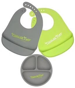 Toddler Tuff Waterproof Silicone Bibs & Silicone Plate Set of 3: Green and Gray - Picture 1 of 5