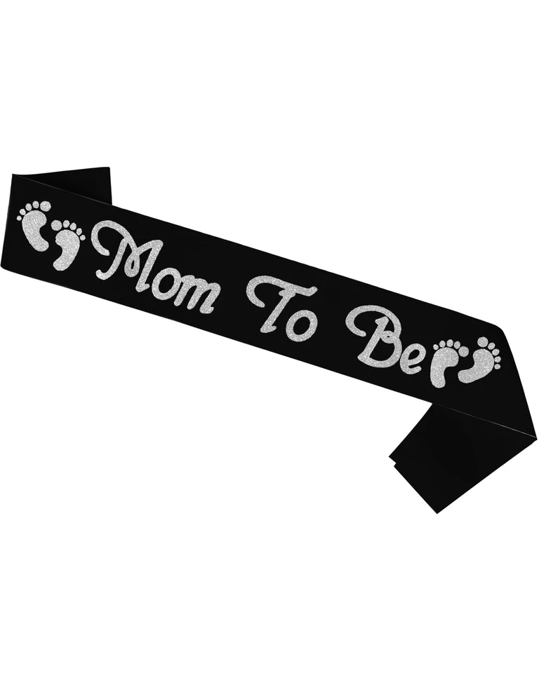 Faja de mamá a ser negra satinada con arte plateado fuente brillante con pie de bebé bebé S... Foto 1 de 1
