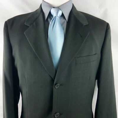 Tom James Custom Made 42L Wool 3 Btn Dark Green Striped Suit Blazer Sport Coat - Image 1 of 4
